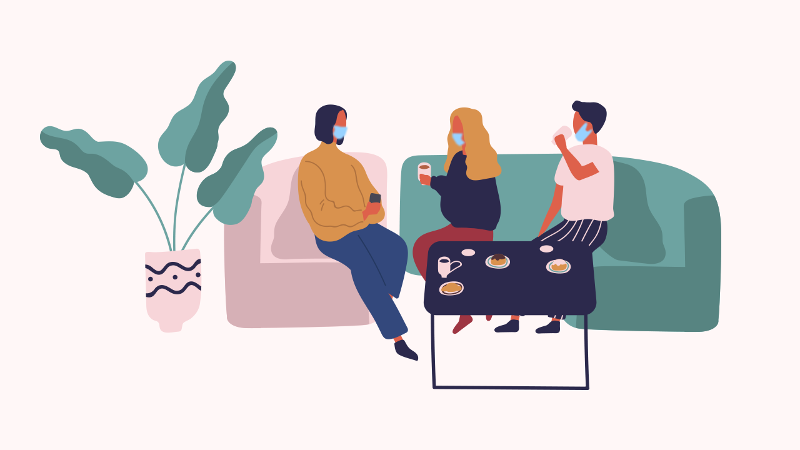 Illustration of people sitting on couches and chairs drinking hot beverages, wearing masks