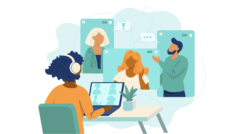 Illustration representing people having discussions on a web conference call