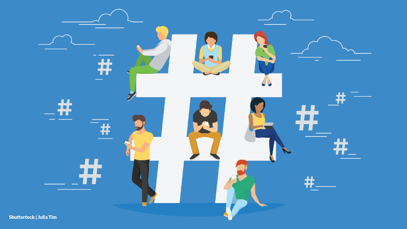 Shuttertock graphic by Julia Tim of students sitting on a large hashtag