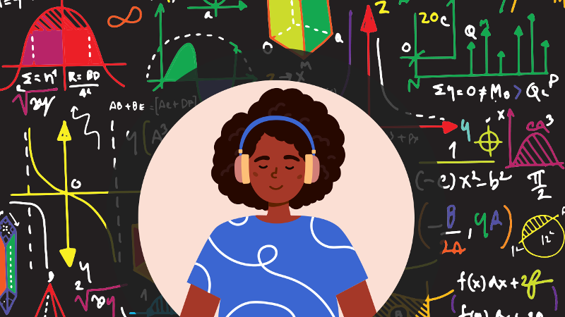 Illustration of a person with headphones and math symbols around them