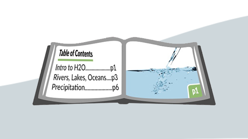 graphic of science book open to table of contents and picture of pouring water