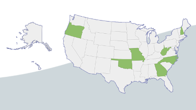 Map of the U.S. highlighting Georgia, Missouri, New Hampshire, North Carolina, Oklahoma, Oregon, and West Virginia