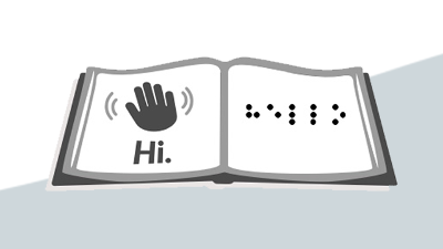 Illustration of a book with text read aloud and in braille